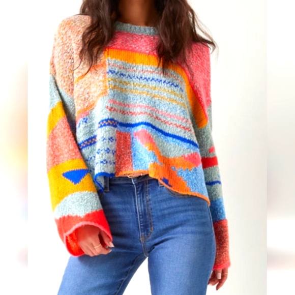 Sincerly Jules Sweaters - Sincerely Jules Mixed Pattern Colorful Wool Blend Cropped Sweater Women's Sz XS